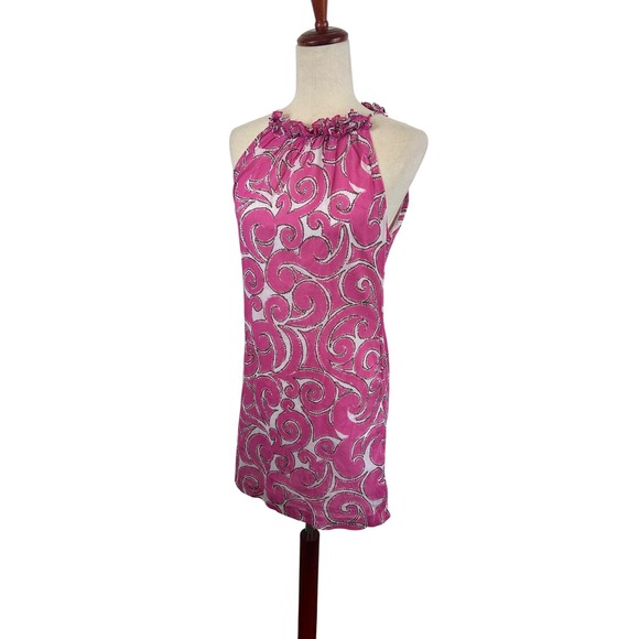 Milly Halter Top Pink Swirl Sleeveless Ruffle Neck Party Dress Size 4 - Picture 1 of 6